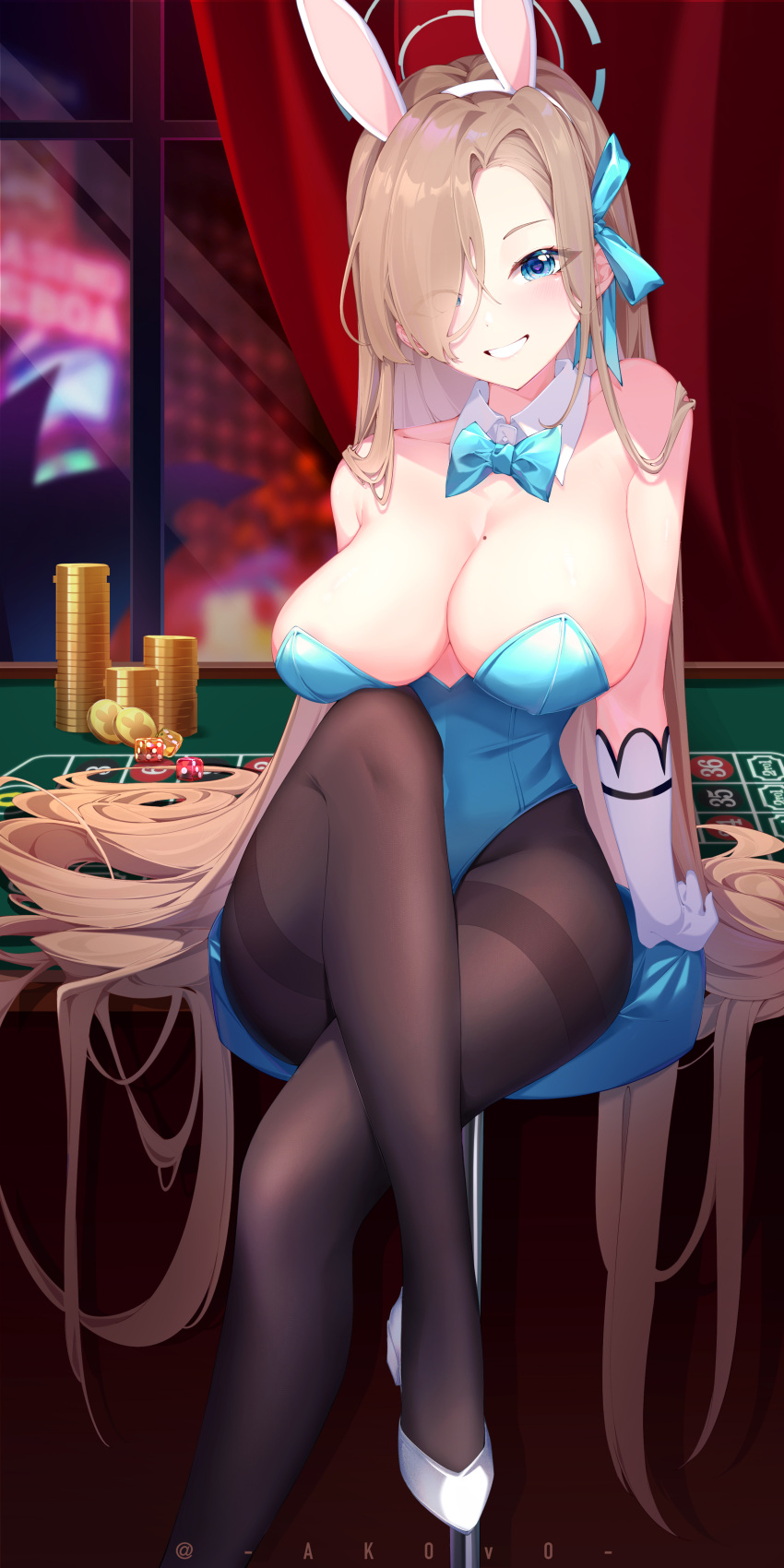 1girl absurdres akovo animal_ears arms_at_sides arms_behind_back artist_name asuna_(blue_archive) asuna_(bunny)_(blue_archive) bare_shoulders black_pantyhose blue_archive blue_bow blue_bowtie blue_eyes blue_leotard blue_ribbon blurry blurry_background bow bowtie breasts brown_hair casino_card_table cleavage crossed_legs detached_collar fake_animal_ears forehead full_body gloves grin hair_ornament hair_over_one_eye hair_ribbon halo highleg highleg_leotard highres indoors large_breasts leotard long_bangs long_hair looking_at_viewer mole mole_on_breast official_alternate_costume pantyhose playboy_bunny poker_chip red_curtains ribbon sagging_breasts sitting smile solo strapless strapless_leotard table thighs very_long_hair white_footwear white_gloves