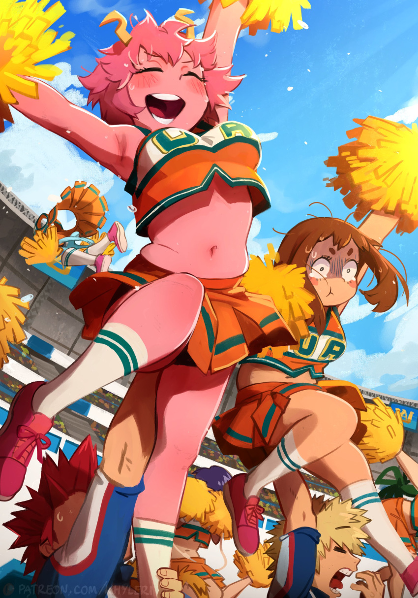 3boys 5girls :d absurdres arm_up armpits ashido_mina ass_grab asui_tsuyu bakugou_katsuki black_shorts blue_hair blush boku_no_hero_academia breasts brown_hair carrying carrying_person cheerleader closed_mouth cloud colored_skin covering_face day green_hair hagakure_tooru highres invisible jirou_kyouka kaminari_denki khyle. kneehighs large_breasts medium_hair multiple_boys multiple_girls navel orange_skirt outdoors panties pink_footwear pink_skin pleated_skirt pom_pom_(cheerleading) shoes shorts skirt smile socks stadium stomach sweat teeth underwear uraraka_ochako white_panties yawning