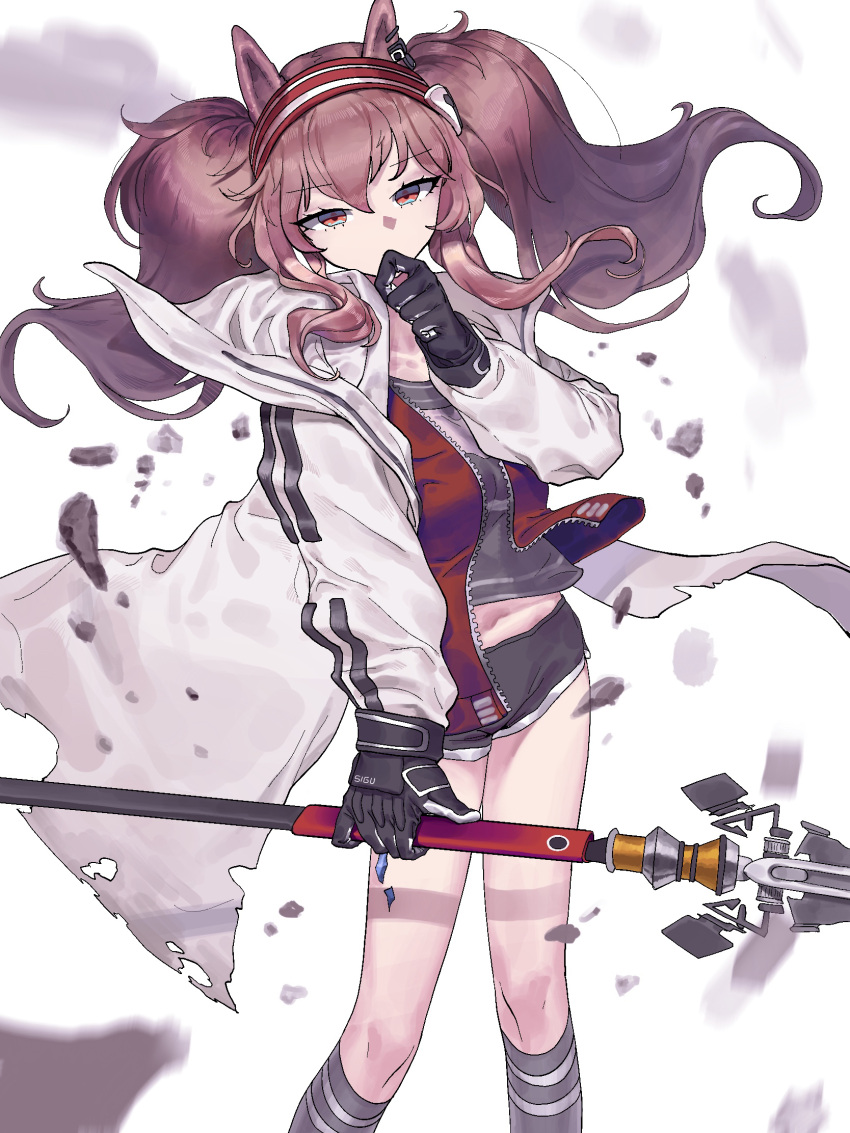1girl angelina_(arknights) animal_ears arknights black_gloves brown_hair coat contrapposto covered_mouth covering_mouth cowboy_shot debris expressionless finger_to_mouth fox_ears fox_girl gloves grey_shirt grey_shorts grey_socks hair_between_eyes hairband hand_over_own_mouth hand_up highres holding holding_weapon jacket kneehighs long_hair long_sleeves looking_at_viewer motion_blur open_clothes open_coat open_jacket orange_eyes oripathy_lesion_(arknights) red_hairband red_jacket shirt shorts sidelocks siguya socks solo standing thinking torn_clothes torn_coat twintails unzipped weapon white_background white_coat