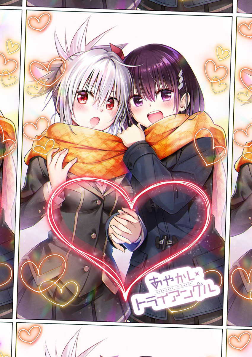 2girls :d :o ayakashi_triangle blush cleaned commentary copyright_name derivative_work english_commentary eyelashes grey_hair hair_ornament hairclip happy heart highres holding_hands jacket kanade_suzu kazamaki_matsuri kazamaki_matsuri_(female) long_hair looking_at_viewer momocchi18 multiple_girls official_art open_mouth pinwheel pinwheel_hair_ornament purple_eyes purple_hair red_eyes scarf school_uniform short_hair smile standing yabuki_kentarou