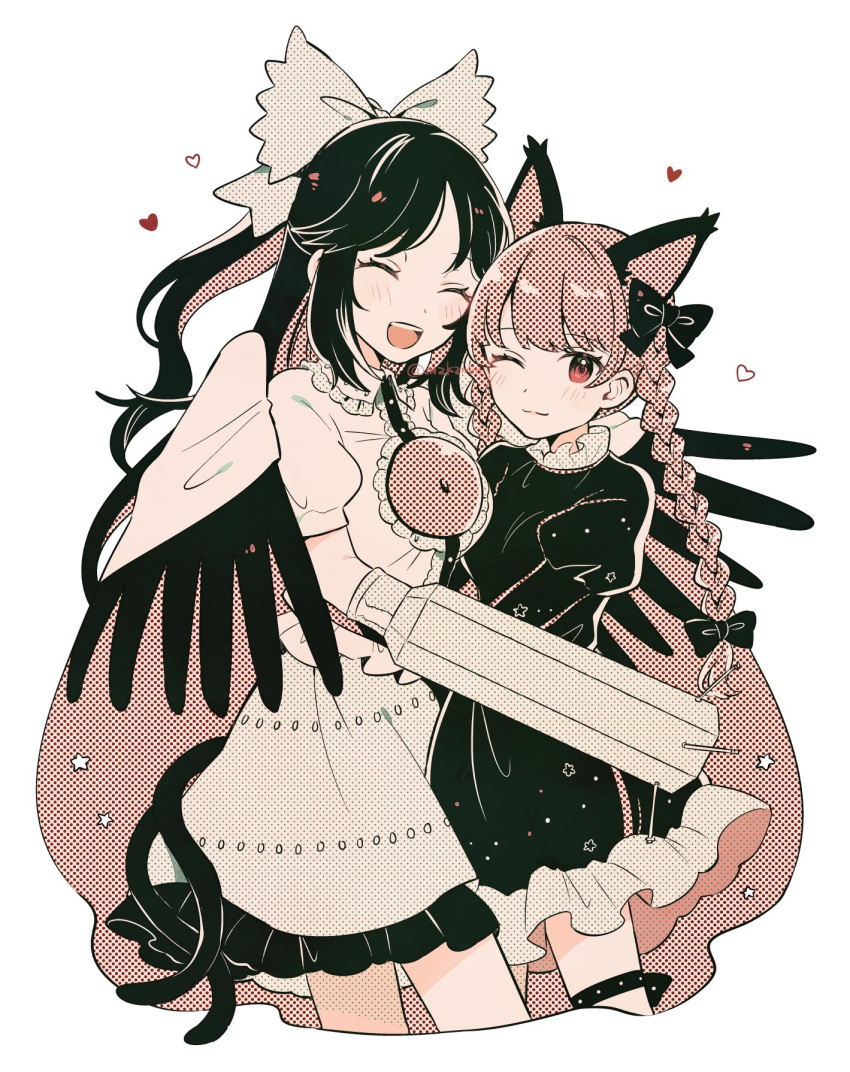 2girls ;3 animal_ears arm_cannon bird_wings black_bow black_hair black_ribbon blunt_bangs bow braid breasts cape cat_ears cat_tail chest_jewel closed_eyes commentary_request cropped_legs extra_ears friends frilled_shirt_collar frills hair_bow hair_ribbon happy heart highres hug juliet_sleeves kaenbyou_rin leg_ribbon light_blush light_smile long_hair long_sleeves medium_breasts monochrome mozukuzu_(manukedori) multiple_girls multiple_tails nekomata one_eye_closed parted_bangs puffy_short_sleeves puffy_sleeves red_eyes red_hair reiuji_utsuho ribbon shirt short_sleeves simple_background small_breasts star_(symbol) swept_bangs tail touhou tress_ribbon twin_braids two_tails very_long_hair weapon white_background white_shirt wings yuri