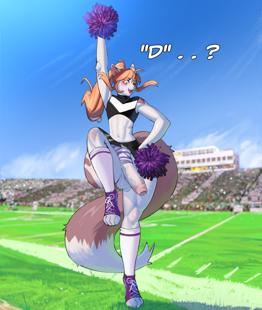 absurd_res american_football anthro audience balls bottomwear caliburny cheering cheerleader cheerleader_outfit cheerleading_pose clothing domestic_cat embarrassed embarrassed_nude_male felid feline felis football_field foreskin genitals girly group hair hi_res long_hair male mammal muscular nolansnsfw paws penis poking_out pom_poms public public_nudity shocked_expression skirt slim solo sport surprise thick_thighs underwear vein veiny_penis