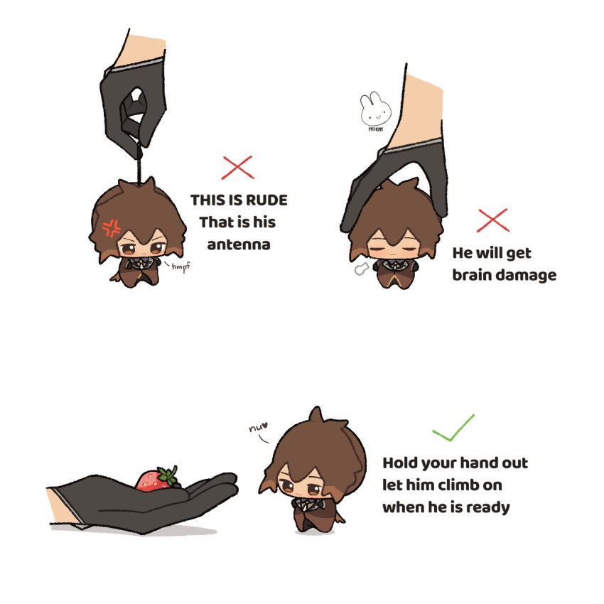 2boys anger_vein brown_eyes brown_hair brown_suit checkmark chibi disembodied_limb food formal fruit genshin_impact highres how_to_hold_x_(meme) lifting_person long_hair long_sleeves looking_at_viewer male_focus meme mini_person miniboy mlem multiple_boys ponytail simple_background strawberry suit tartaglia_(genshin_impact) tassel x zhongli_(genshin_impact)