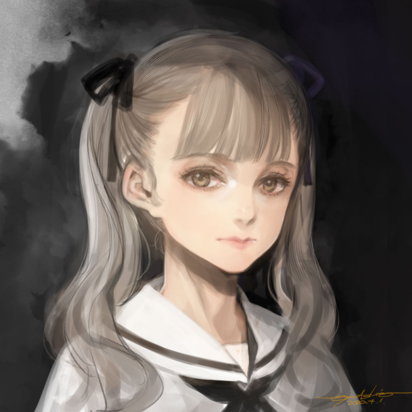 1girl black_neckerchief black_ribbon brown_eyes close-up commentary_request dark_background dated expressionless grey_hair grey_shirt hair_ribbon highres long_hair looking_at_viewer neckerchief original oyari_ashito portrait ribbon sailor_collar shirt sign sketch solo twintails