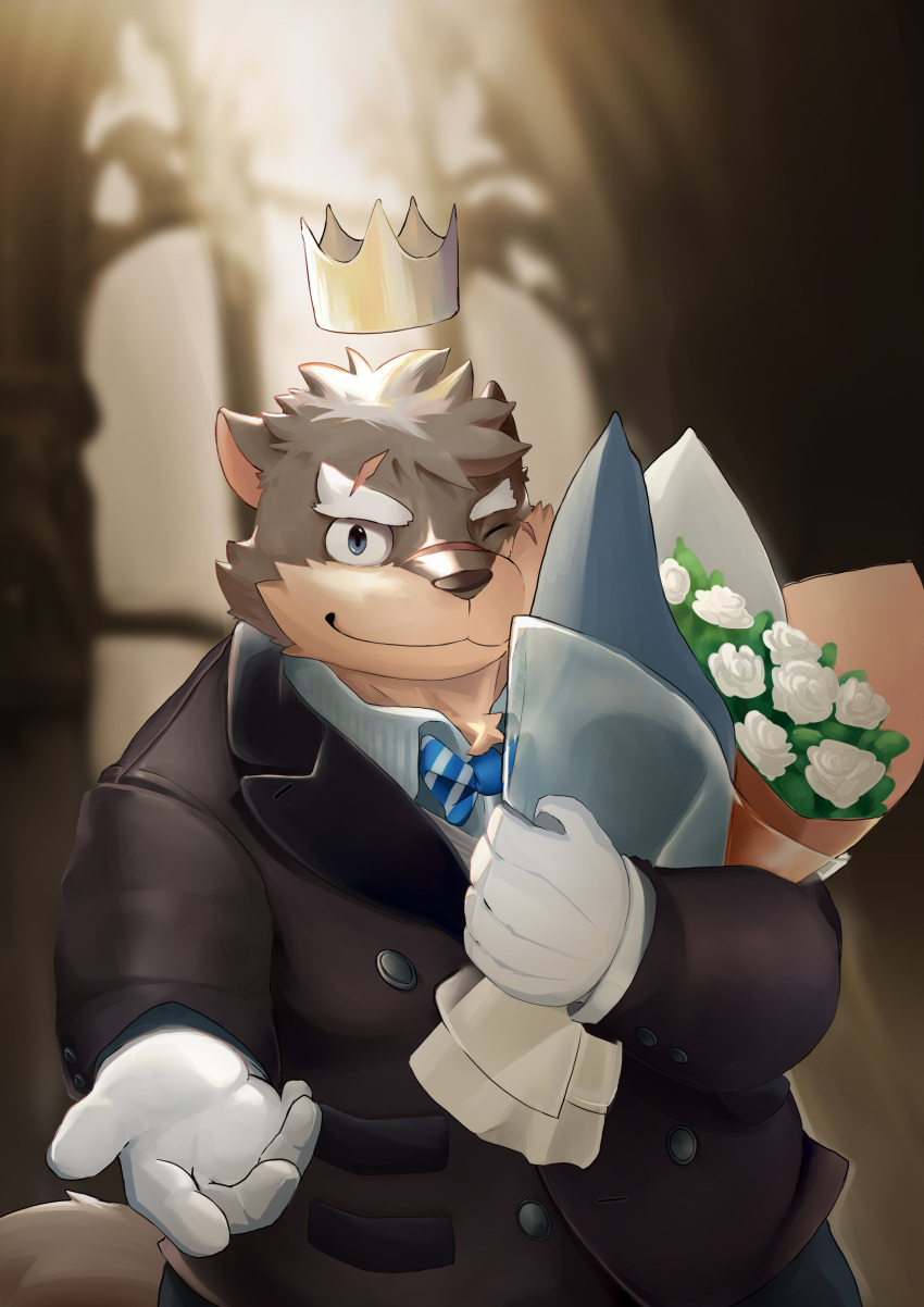 absurd_res anthro bouquet bow_tie canid canine canis clothing crown domestic_dog eyebrows fur gloves grey_body grey_fur handwear headgear hechaxianzhi hi_res lifewonders looking_at_viewer male mammal moritaka one_eye_closed scar smile solo suit thick_eyebrows tokyo_afterschool_summoners wink