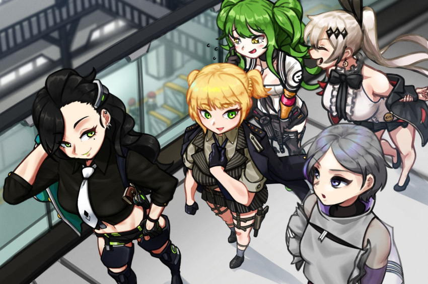 5girls abs black_hair blonde_hair breasts cleavage contender_(girls'_frontline) five-seven_(girls'_frontline) girls'_frontline grey_hair highres jacket jacket_removed long_hair m950a_(girls'_frontline) missileer multiple_girls navel necktie python_(girls'_frontline) short_hair welrod_mkii_(girls'_frontline) white_hair