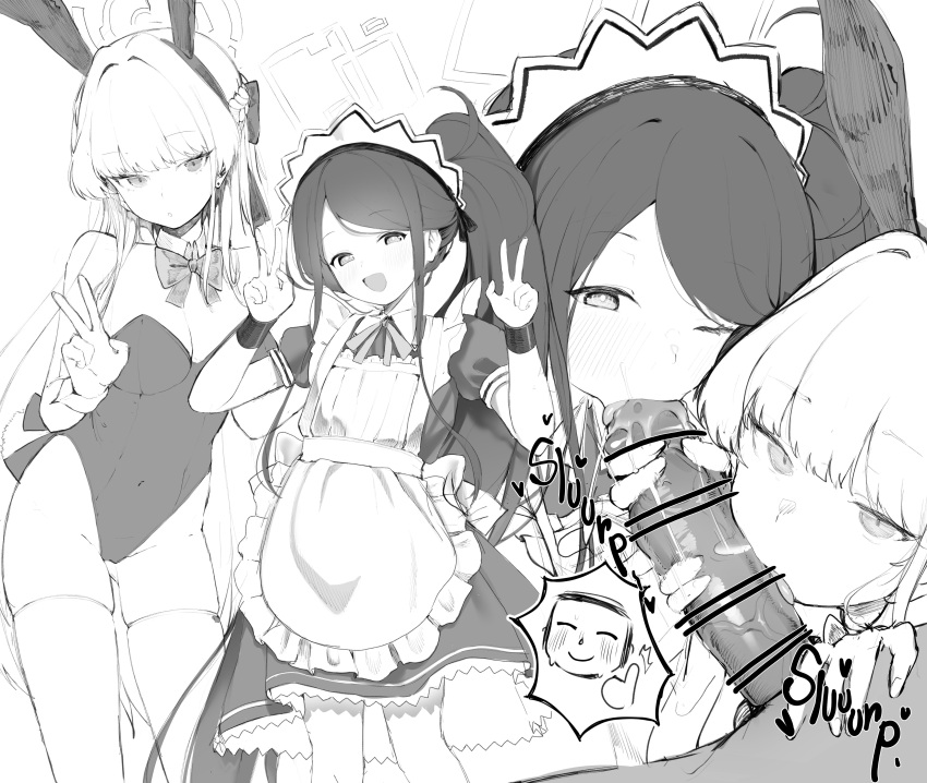 1boy 2girls :&gt;= absurdres apron aris_(blue_archive) aris_(maid)_(blue_archive) arona's_sensei_doodle_(blue_archive) blue_archive blush bow bowtie cooperative_fellatio detached_collar double_v fellatio greyscale halo handjob highres long_hair maid maid_apron maid_headdress monochrome multiple_girls one_eye_closed oral playboy_bunny revision sensei_(blue_archive) side_ponytail teriibol thighhighs thumbs_up toki_(blue_archive) toki_(bunny)_(blue_archive) v very_long_hair wrist_cuffs