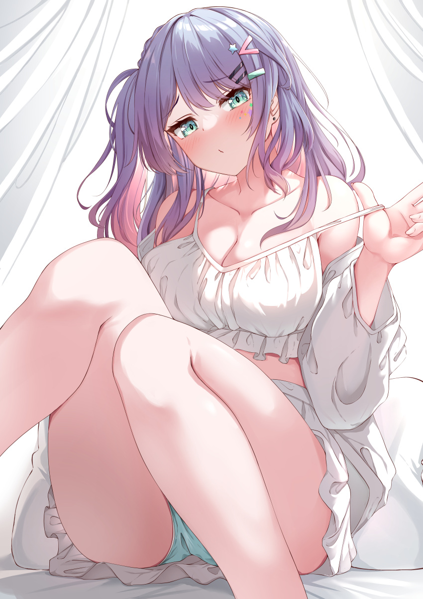 1girl :q absurdres blue_eyes blue_panties blush breasts cleavage closed_mouth commission curtains feet_out_of_frame hair_ornament hairclip hand_up head_tilt highres indie_virtual_youtuber jacket knees_together_feet_apart knees_up long_hair long_sleeves looking_at_viewer medium_breasts moyoron multicolored_hair off_shoulder one_side_up open_clothes open_jacket panties pink_hair pleated_skirt puffy_long_sleeves puffy_sleeves pulled_by_self purple_hair sata_nakia simple_background skeb_commission skirt solo strap_pull tongue tongue_out two-tone_hair underwear very_long_hair virtual_youtuber white_background white_jacket white_skirt