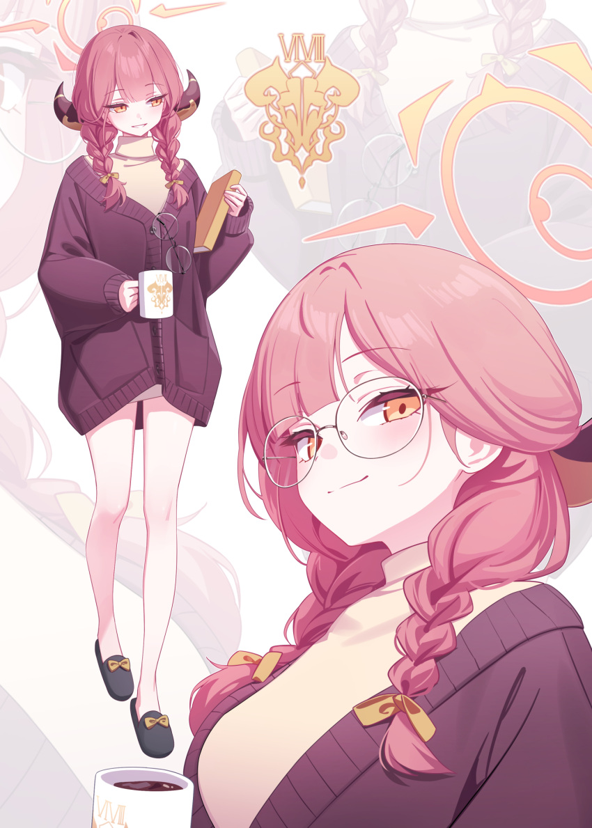 1girl alternate_costume alternate_hairstyle aru_(blue_archive) bespectacled black_footwear blue_archive blush book braid breasts brown_horns brown_jacket closed_mouth coffee cup deadnooodles demon_horns glasses halo highres holding holding_book holding_cup horns jacket large_breasts long_hair long_sleeves multiple_views open_mouth pink_hair pink_halo slippers smile sweater turtleneck turtleneck_sweater twin_braids unworn_eyewear yellow_eyes yellow_sweater