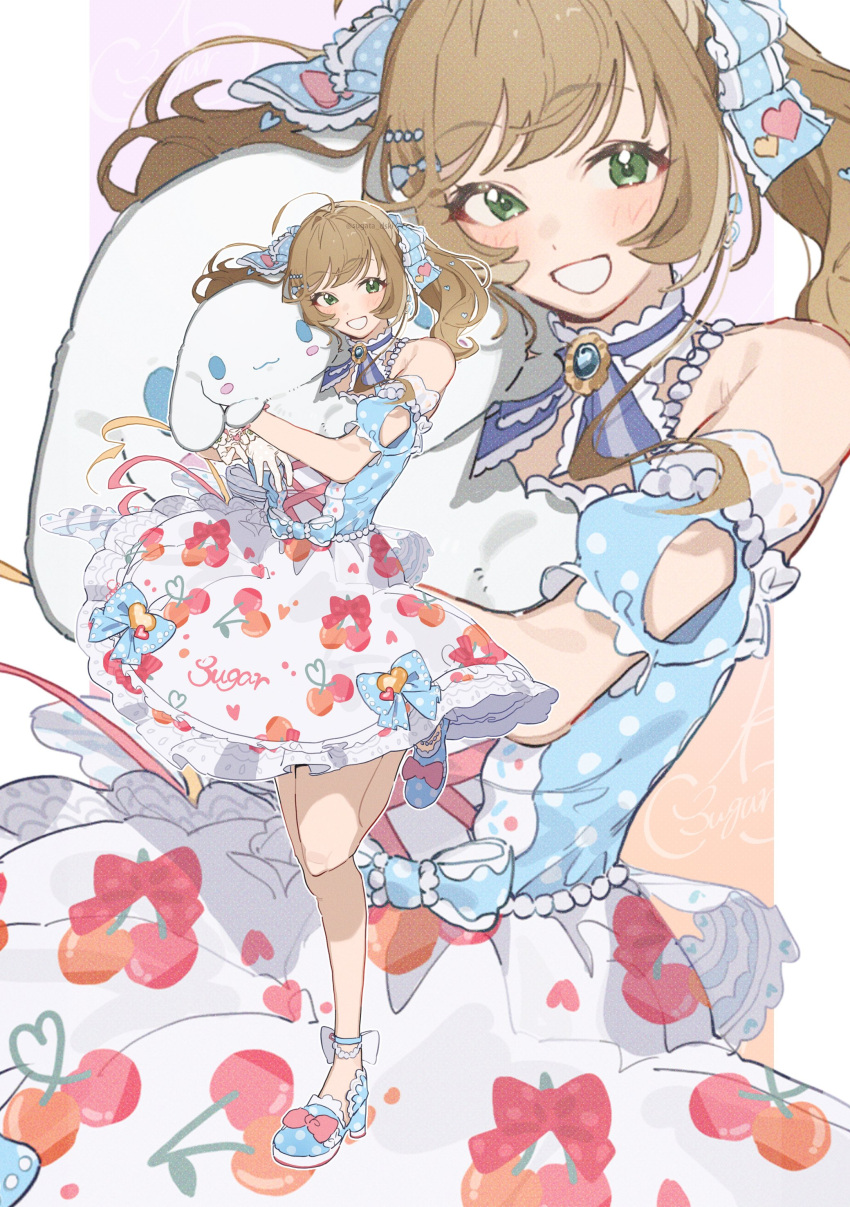 1girl :d absurdres blue_ribbon blue_shirt blush brown_hair cherry_print dot_nose eyelashes food_print frilled_skirt frills green_eyes hair_ribbon high_heels highres holding holding_stuffed_toy idolmaster idolmaster_cinderella_girls lace-trimmed_ribbon lace_trim long_hair object_hug open_mouth rabbit ribbon shirt signature skirt smile solo standing standing_on_one_leg stuffed_toy sugata_dski twintails white_skirt zoom_layer