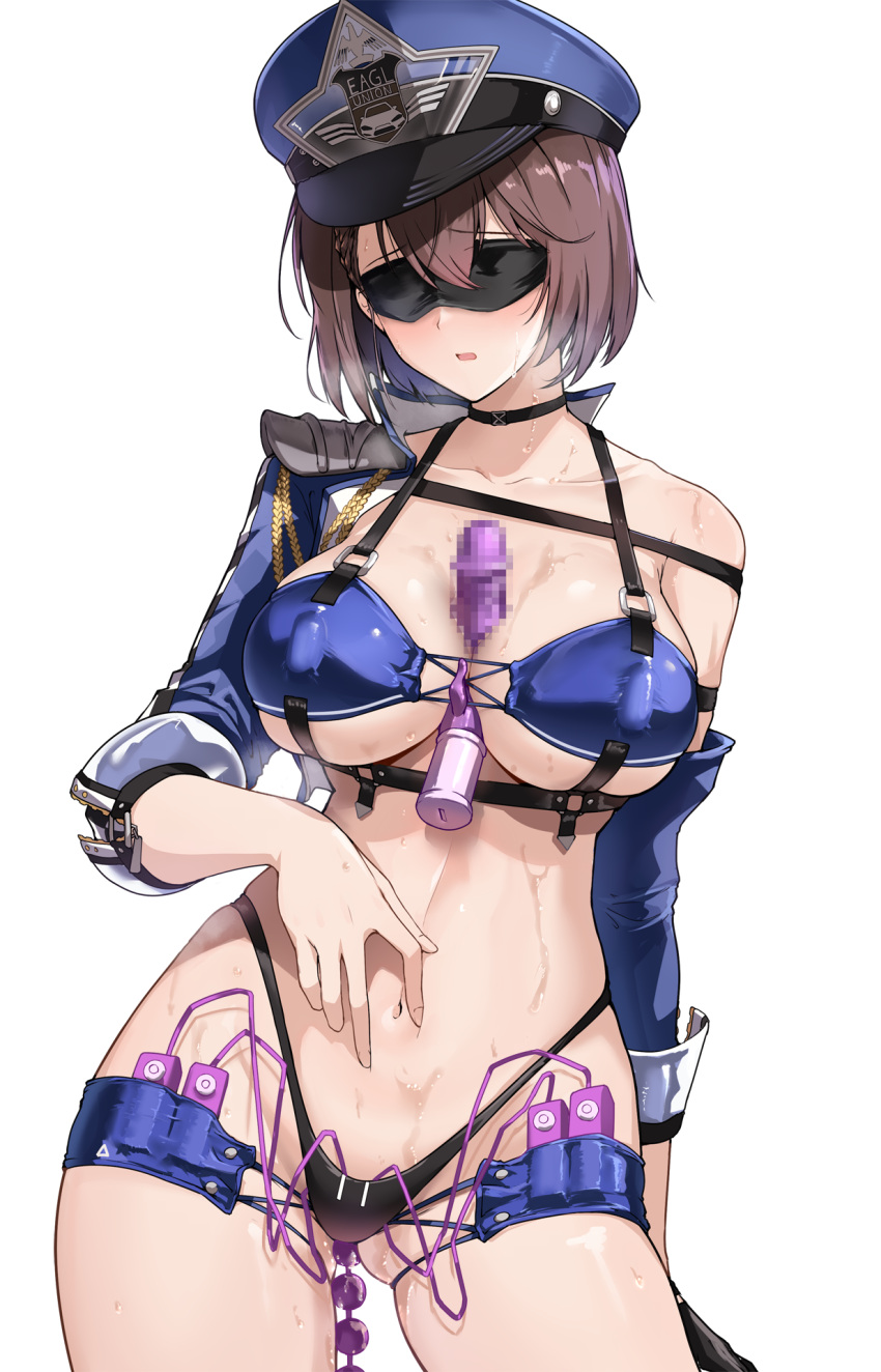 1girl anal_beads azur_lane baltimore_(azur_lane) baltimore_(finish_line_flagbearer)_(azur_lane) bangs between_breasts bikini black_bikini black_gloves black_thighhighs blindfold blue_bikini blue_headwear blue_jacket blush breasts brown_hair cable censored character_name choker cleavage collarbone cropped_jacket dildo flag gloves grin halcon highleg highleg_bikini highres jacket large_breasts long_sleeves micro_shorts mismatched_bikini mosaic_censoring navel object_insertion official_alternate_costume open_mouth race_queen remote_control_vibrator sex_toy short_hair shorts single_glove sky smile solo swimsuit thighhighs thighs vaginal vaginal_object_insertion vibrator vibrator_in_thigh_strap