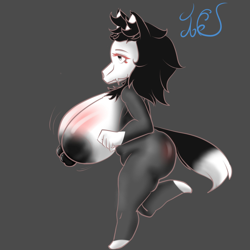 2023 absurd_res abyssal_wolf anthro big_breasts black_body black_eyes black_fur black_hair black_nipples bouncing_breasts breasts canid canine canis female fur hair hi_res huge_breasts mammal mask multicolored_body nipples renv running scp-1471 scp-1471-a scp_foundation short_stack signature skull_mask solo two_tone_body white_body white_fur wobbling wolf wolf_tail