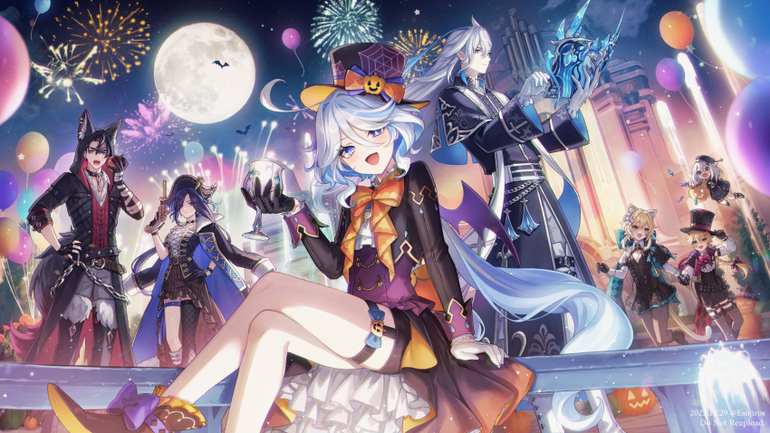 3boys 4girls :d adjusting_clothes adjusting_headwear aerial_fireworks aether_(genshin_impact) ahoge amaichi_esora animal_ear_fluff animal_ear_piercing animal_ears animal_hood apple aqua_bow arm_support artist_name asymmetrical_gloves award_ribbon balloon bandaged_arm bandages bat_(animal) belt belt_buckle beret bicorne black_capelet black_choker black_coat black_collar black_eyes black_footwear black_gloves black_hair black_headwear black_jacket black_nails black_robe black_shorts black_skirt black_thighhighs blonde_hair blue_bow blue_eyes blue_hair blush boots bow bowtie braid braided_ponytail brother_and_sister brown_belt brown_pantyhose buckle building buttons candy capelet cat_ears cat_girl cat_tail center_frills chain chalice choker clorinde_(genshin_impact) closed_mouth cloud coat coat_on_shoulders collar collared_shirt commentary corset cosplay cropped_jacket cross cross-laced_clothes crossed_legs cup dated demon_wings detached_sleeves double-breasted drop-shaped_pupils earrings elbow_gloves english_commentary expressionless eyelashes facial_mark fingerless_gloves fingernails fireworks fishnet_thighhighs fishnets floating_hair flower food footwear_bow fountain freminet_(genshin_impact) freminet_(genshin_impact)_(cosplay) frilled_corset frilled_skirt frills fruit full_moon fur-trimmed_boots fur_trim furina_(genshin_impact) genshin_impact gloves grey_hair grey_pants gun hair_between_eyes hair_flower hair_intakes hair_ornament halloween halloween_bucket halloween_costume hand_on_own_hip hand_up handgun hands_up hat hat_bow head_tilt heterochromia highres holding holding_cup holding_food holding_fruit holding_gun holding_hands holding_weapon hood hood_up hooded_coat huge_bow jack-o'-lantern jacket jewelry lapels long_hair long_sleeves looking_at_viewer low_ponytail lumine_(genshin_impact) lynette_(genshin_impact) lynette_(genshin_impact)_(cosplay) lyney_(genshin_impact) lyney_(genshin_impact)_(cosplay) medium_hair mismatched_gloves mismatched_pupils moon multicolored_hair multiple_boys multiple_girls nail_polish neuvillette_(genshin_impact) night night_sky open_clothes open_coat open_jacket open_mouth orange_bow orange_bowtie orange_headwear outdoors paimon_(genshin_impact) pants pantyhose parted_bangs piercing pointy_ears ponytail pumpkin pumpkin_hat_ornament purple_bow purple_corset purple_eyes purple_hair purple_wings red_bow red_bowtie red_vest robe shirt short_hair short_hair_with_long_locks short_shorts shorts shrug_(clothing) siblings sidelocks silver_trim single_braid single_earring single_thighhigh sitting skirt sky sleeve_cuffs smile spikes standing star_(symbol) star_facial_mark strapless strapless_shirt streaked_hair studded_collar sweatdrop swept_bangs symbol-shaped_pupils tail teardrop_facial_mark teeth thigh_boots thigh_strap thighhighs tilted_headwear top_hat tree twitter_username upper_teeth_only very_long_hair vest water watermark weapon white_flower white_gloves white_hair white_shirt wide-eyed wing_collar wings wolf_boy wolf_ears wolf_tail wriothesley_(genshin_impact) yellow_eyes