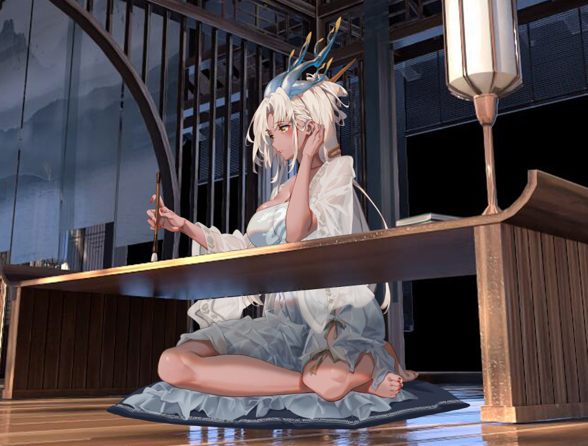 3d_background absurdres barefoot blurry blurry_foreground blush calligraphy_brush character_request cheese_kang copyright_request crossed_legs dark-skinned_female dark_skin dress hair_ornament hand_up highres horns jpeg_artifacts long_hair paintbrush pillow red_nails sitting white_dress white_hair