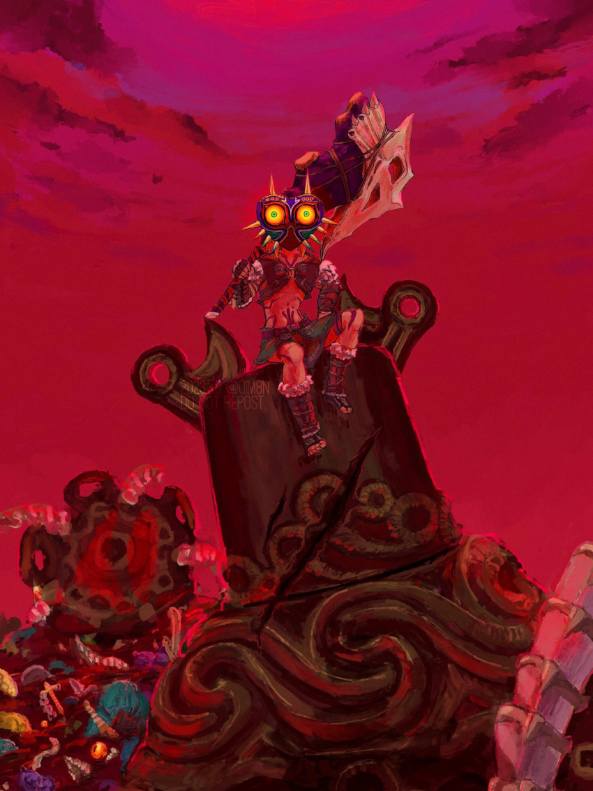1boy barbarian_set_(zelda) blood boots brown_gloves brown_skirt crop_top fingerless_gloves fur-trimmed_boots fur_trim gloves guardian_(breath_of_the_wild) highres holding holding_weapon link mask monster oim8n red_background red_sky sitting skirt sky stomach tattoo the_legend_of_zelda the_legend_of_zelda:_breath_of_the_wild the_legend_of_zelda:_majora's_mask watermark weapon