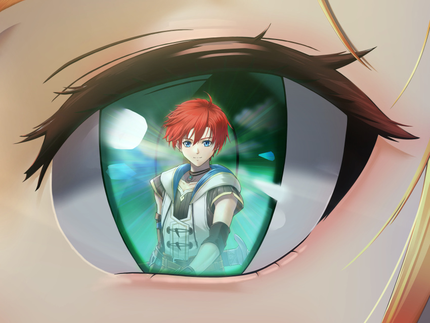 1boy 1girl adol_christin ahoge blonde_hair blue_eyes chiga_akira double-parted_bangs eye_reflection green_eyes hair_between_eyes highres hood hood_down hoodie jewelry karja_balta necklace red_hair reflection sword weapon ys ys_x_nordics