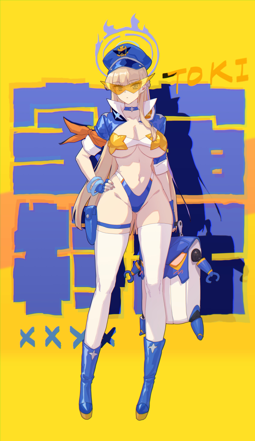1girl absurdres alternate_costume bare_shoulders bikini blonde_hair blue_archive blue_eyes boots breasts character_name choker closed_mouth commentary_request cropped_jacket daye_bie_qia_lian full_body glasses gloves groin halo hand_on_own_hip highleg highleg_bikini highres holding holster large_breasts long_hair looking_at_viewer midriff navel revealing_clothes rolling_suitcase simple_background skindentation solo standing suitcase swimsuit thigh_holster thighhighs toki_(blue_archive) white_thighhighs