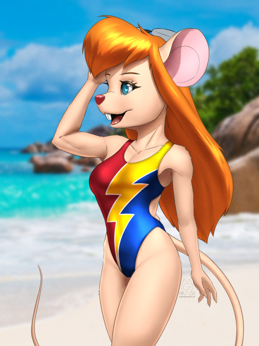 2023 4_fingers absurd_res anthro beach blue_eyes blurred_background buckteeth chip_'n_dale_rescue_rangers clothed clothing digital_media_(artwork) disney eyebrows eyelashes eyewear eyewear_on_head female fingers gadget_hackwrench goggles goggles_on_head hair hi_res long_hair mammal mouse multicolored_clothing multicolored_swimwear murid murine mykegreywolf one-piece_swimsuit open_mouth orange_hair rodent seaside solo swimwear tail teeth text url