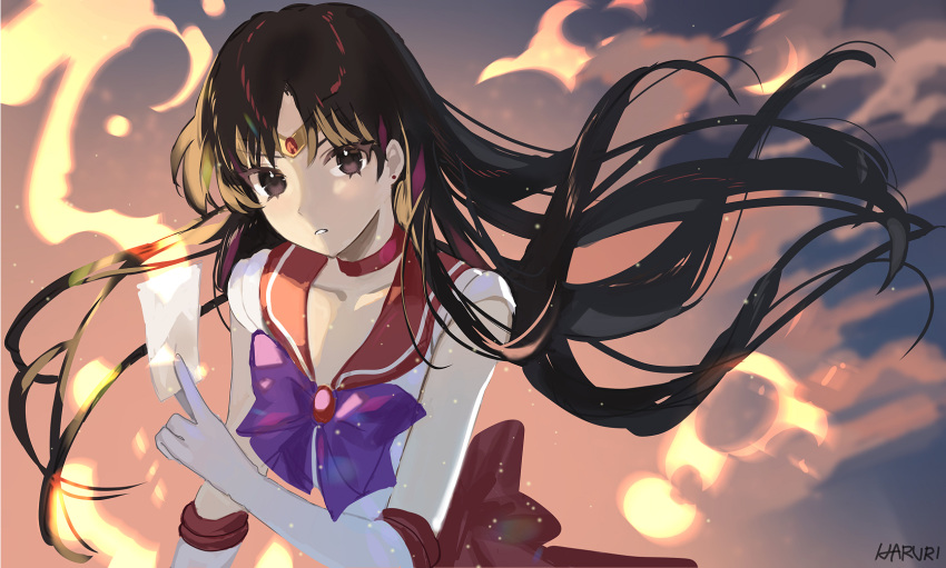 1girl artist_name between_fingers bishoujo_senshi_sailor_moon black_hair bow brown_eyes choker circlet collarbone earrings elbow_gloves fire gloves haruri highres hino_rei holding jewelry long_hair looking_at_viewer parted_lips purple_bow red_choker red_sailor_collar sailor_collar sailor_mars shirt sleeveless sleeveless_shirt solo stud_earrings upper_body v-shaped_eyebrows very_long_hair white_gloves white_shirt