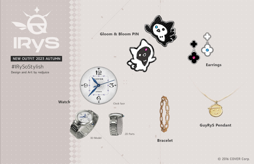 accessories clothes_pin earrings gold_bracelet gold_necklace guyrys highres hololive hololive_english irys_(hololive) jewelry necklace official_alternate_costume pendant redjuice reference_sheet watch wristwatch