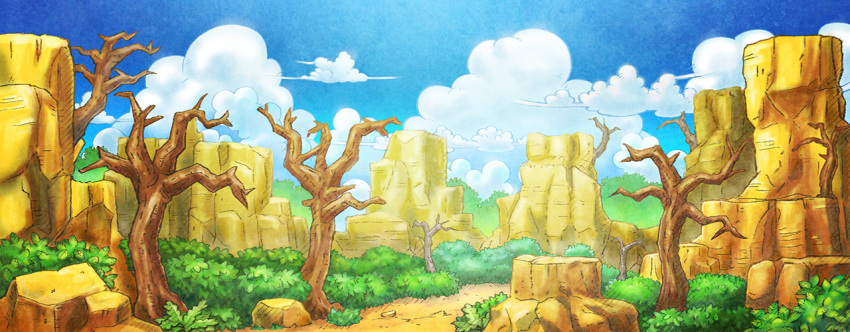 artist_request bare_tree blue_sky bush cloud commentary day english_commentary fushigi_no_dungeon game_cg no_humans official_art outdoors pokemon pokemon_(game) pokemon_mystery_dungeon rock scenery sky third-party_source tree wide_shot