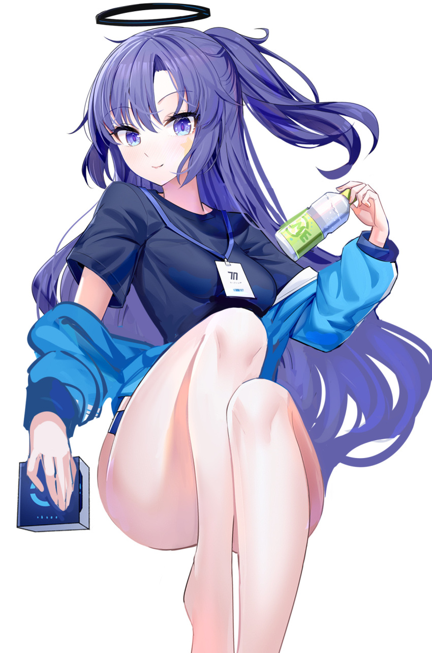 1girl barefoot black_shirt blue_archive blue_buruma blue_jacket blush bottle breasts buruma closed_mouth commentary cube facial_mark feet_out_of_frame half_updo halo hand_up highres holding holding_bottle id_card jacket lanyard long_hair long_sleeves looking_at_viewer medium_breasts off_shoulder open_clothes open_jacket parted_bangs partially_unzipped ponytail puffy_long_sleeves puffy_sleeves purple_eyes purple_hair ririko_(zhuoyandesailaer) shirt sidelocks simple_background smile solo star_(symbol) star_sticker sticker_on_face thighs track_jacket very_long_hair water_bottle white_background yuuka_(blue_archive) yuuka_(track)_(blue_archive)