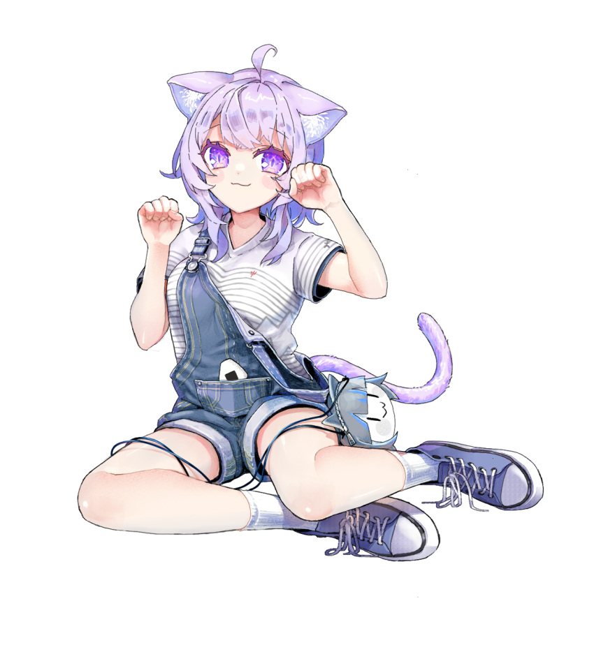 1girl :3 alternate_costume animal_ears bag blush blush_stickers cat_ears cat_girl cat_tail closed_mouth commentary_request ena1215 gawr_gura handbag highres hololive looking_at_viewer nekomata_okayu overall_shorts overalls paw_pose purple_eyes purple_hair shirt shoes short_hair simple_background smile sneakers socks solo striped striped_shirt t-shirt tail virtual_youtuber wavy_hair white_background white_shirt white_socks