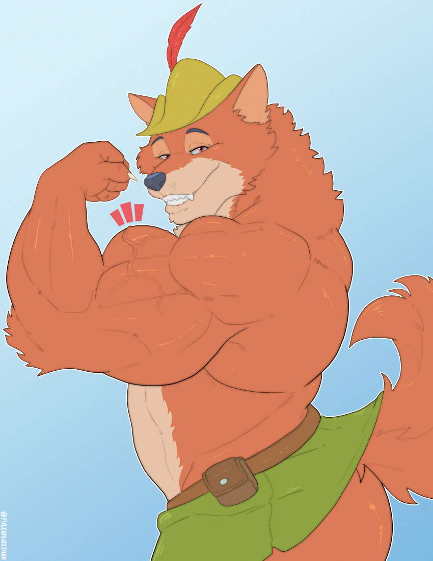 2023 absurd_res anthro barazoku belt biceps big_biceps big_muscles blue_background bottomwear canid canine claws clothed clothing deltoids disney emanata eyebrows flexing fox fur hat headgear headwear hi_res huge_muscles looking_at_viewer male mammal manly muscular muscular_anthro muscular_male pouch_(clothing) robin_hood robin_hood_(disney) side_view simple_background skirt smile solo standing teeth topless topless_anthro topless_male triceps tuft tylerstark vein