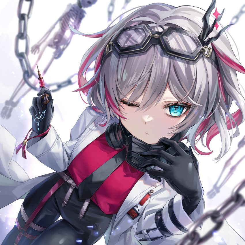 1girl 2others akami770 black_gloves black_leggings blue_eyes breasts chain closed_mouth coat collared_coat cowboy_shot curly_hair expressionless eyewear_on_head gas_mask glasses gloves goggles grey_hair hair_between_eyes hand_up hanging_breasts highres holding holding_syringe lab_coat large_breasts leaning_forward leggings long_sleeves mask mask_around_neck multicolored_hair multiple_others necktie one_eye_closed pants red_hair red_shirt scientist sephie_(shadowverse) shadowverse shirt short_hair simple_background skeleton solo_focus symbol-shaped_pupils syringe thigh_strap unworn_mask white_coat wide_sleeves
