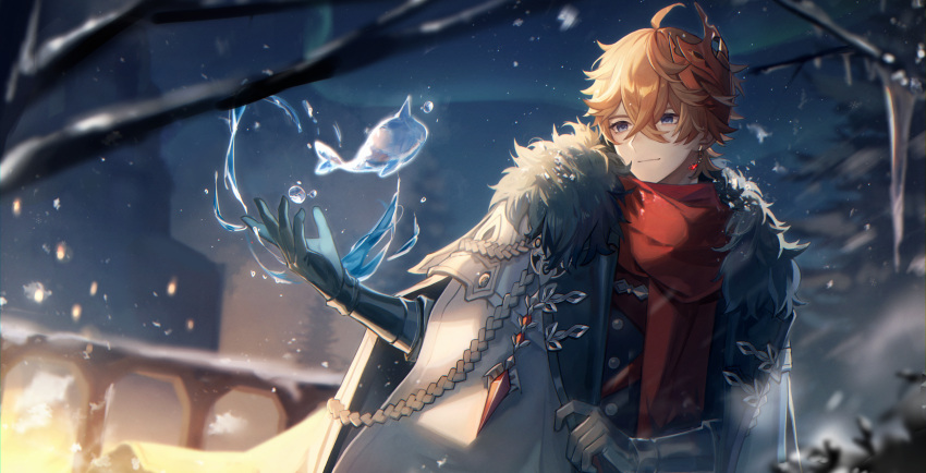 1boy ahoge aurora blue_eyes blue_gloves blue_sky blurry blurry_background branch buttons christmas_tree closed_mouth coat collared_coat crossed_bangs crystal crystal_earrings earrings fur-trimmed_coat fur_trim genshin_impact gloves gradient_sky hair_between_eyes hand_up highres jewelry kino_(m6t2a) long_sleeves looking_to_the_side male_focus mask mask_on_head open_clothes open_coat orange_hair outdoors pink_sky red_mask red_scarf scarf short_hair single_earring sky smile snow snowing solo standing tartaglia_(genshin_impact) tree water white_coat winter