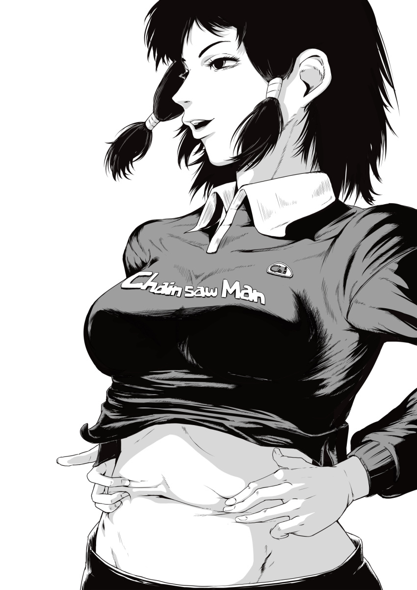 1girl chainsaw_man copyright_name cropped_shirt greyscale hand_on_own_stomach highres midriff mifune_fumiko monochrome namako_(rikina_kazuhisa) navel open_mouth solo spread_navel stomach