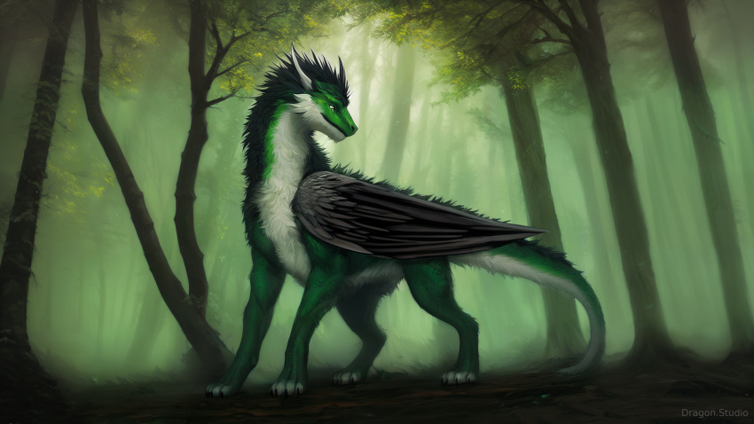 absurd_res dragon emerald_(disambiguation) fluffy forest furry green hi_res plant swamp tree