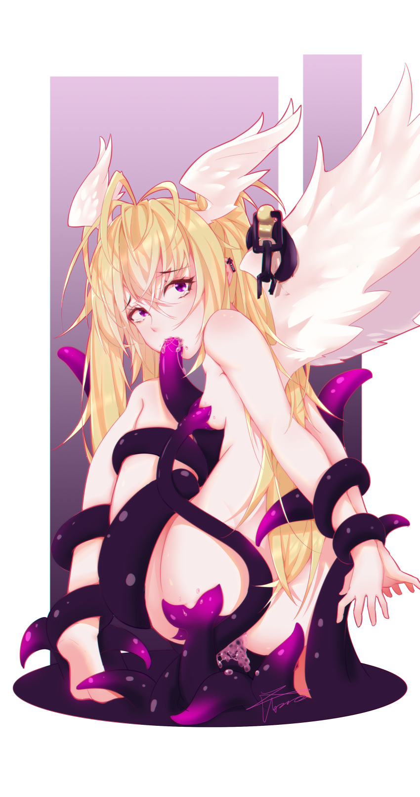 1girl absurdres angel_wings blonde_hair breasts completely_nude ergoujiya gradient_background head_wings highres hoshina_utau long_hair multicolored_background multiple_wings nude purple_background purple_eyes seraphic_charm shugo_chara! small_breasts solo tentacle_in_mouth tentacles white_background wings