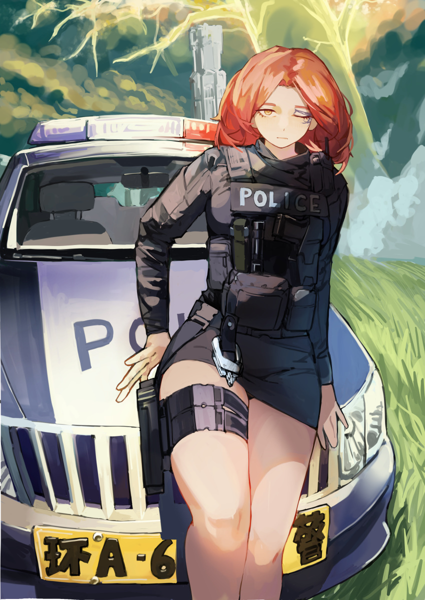 1girl absurdres bare_legs blurry blurry_background body_armor car car_seat cowboy_shot drawing_gun elden_ring erdtree_(elden_ring) expressionless facial_tattoo grass gun handgun headlight highres holster license_plate long_sleeves looking_at_viewer medium_hair melina_(elden_ring) miao_jiangyou miniskirt motor_vehicle one_eye_closed orange_hair police police_car police_siren police_uniform policewoman rear-view_mirror sitting sitting_on_car skirt solo tactical_clothes tattoo thigh_holster thigh_strap tight_clothes torch tree uniform vest_pouch walkie-talkie weapon yellow_eyes