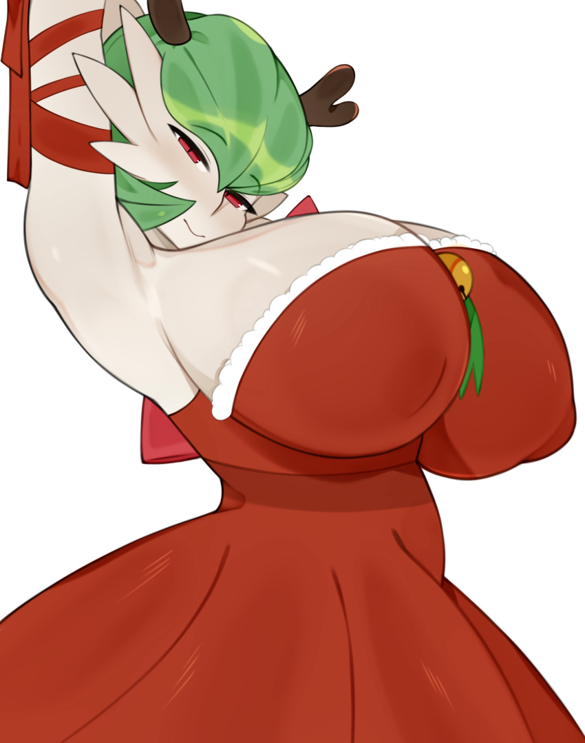 1girl absurdres antlers arm_behind_head arm_ribbon arm_up armpits bell blush bob_cut breasts christmas cleavage closed_mouth colored_skin commentary covered_nipples dress english_commentary fur-trimmed_dress fur_trim gardevoir green_hair grey_skin hair_between_eyes half-closed_eyes happy highres huge_breasts jingle_bell looking_at_viewer melonpuff nose_blush pokemon pokemon_(creature) red_dress red_eyes red_ribbon ribbon santa_costume short_hair simple_background smile solo standing strapless strapless_dress upper_body white_background