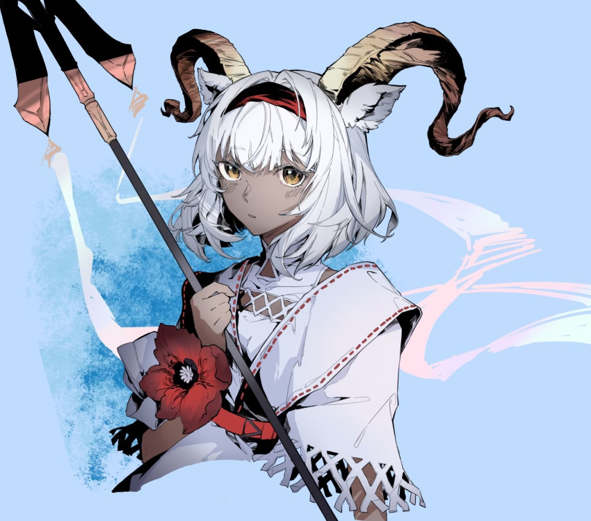 1girl animal_ears arknights baishousuan beeswax_(arknights) beeswax_(holiday)_(arknights) black_hairband blue_background cropped_torso dark-skinned_female dark_skin dress flower hairband hand_up highres holding holding_polearm holding_weapon horns looking_at_viewer orange_eyes parted_lips polearm red_flower red_hairband solo spear upper_body weapon white_dress white_hair