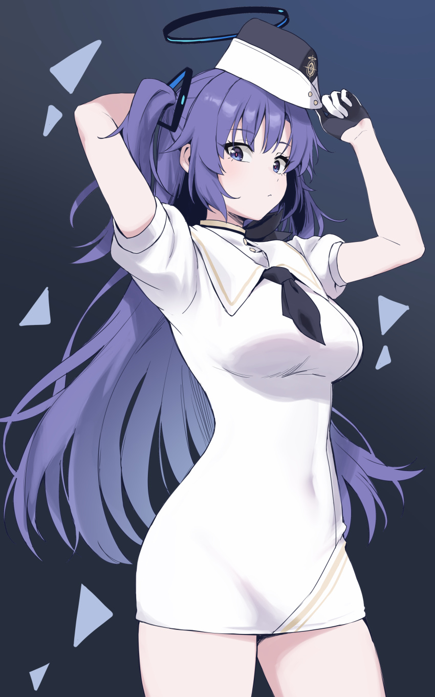 1girl absurdres adjusting_clothes adjusting_headwear arm_behind_head black_necktie blue_archive blush breasts collared_dress covered_navel dress garrison_cap halo hat highres long_hair looking_at_viewer medium_breasts necktie official_alternate_costume puffy_short_sleeves puffy_sleeves purple_eyes purple_hair short_necktie short_sleeves sideways_glance solo two_side_up utnapishtim_operator_uniform_(blue_archive) very_long_hair white_dress yagi_(ningen) yuuka_(blue_archive)