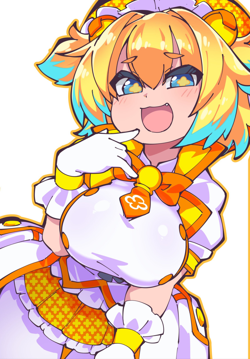 +_+ 1girl absurdres blue_eyes blush bombergirl bow breasts cross-shaped_pupils dress fang fukurou_(owl222) gloves gradient_hair grenade_hair_ornament hair_between_eyes highres large_breasts maid_headdress mesugaki multicolored_hair open_mouth orange_bow orange_outline pine_(bombergirl) puffy_short_sleeves puffy_sleeves short_hair short_sleeves solo symbol-shaped_pupils two-tone_hair white_dress white_gloves yellow_pupils