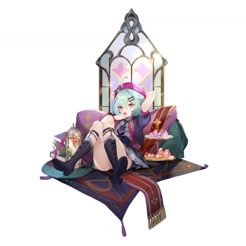 1girl ahoge arm_behind_head artist_request beret black_footwear blue_hair book boots candy carpet chocolate coat crossed_legs dessert eating eversoul food full_body grey_shirt grey_skirt hair_between_eyes hair_ornament hairclip hat heart heart-shaped_chocolate heterochromia high_heels highres light_blue_hair macaron melfice_(eversoul) military_uniform necktie non-web_source official_alternate_costume official_art pillow purple_coat red_eyes shirt short_hair sitting skirt solo tachi-e thighs tiered_tray transparent_background uniform window yellow_eyes