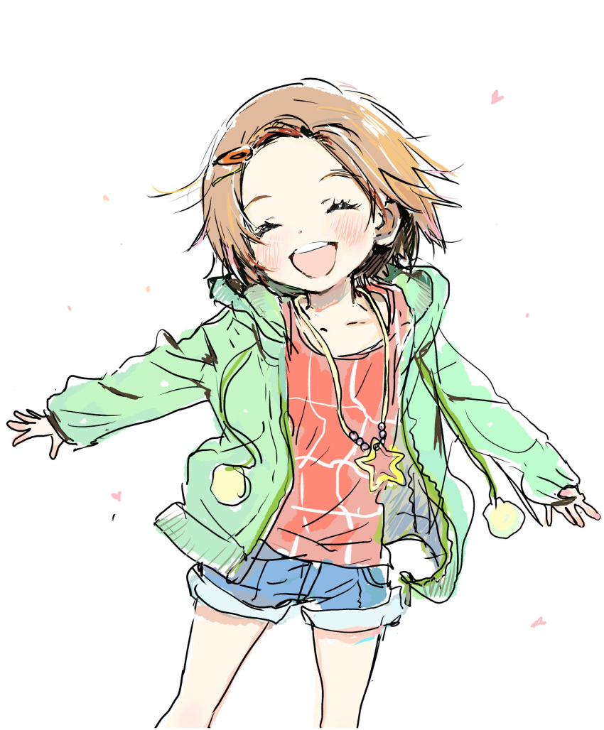 1girl bad_id bad_twitter_id blush brown_hair closed_eyes feet_out_of_frame hair_ornament hairclip highres hood hooded_jacket idolmaster idolmaster_cinderella_girls jacket jewelry necklace open_clothes open_jacket open_mouth pom_pom_(clothes) ryuzaki_kaoru short_hair shorts simple_background sketch smile solo star_(symbol) star_necklace teeth tsurumai_kada upper_teeth_only white_background