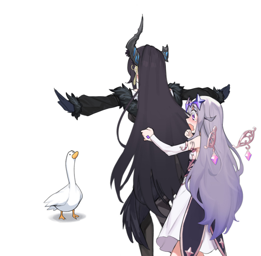 2girls asymmetrical_horns behind_another bird black_hair blush crystal crystal_horn dasdokter demon_horns detached_wings dress duck earrings from_behind fur_trim grey_hair highres hololive hololive_english horns jewelry koseki_bijou long_hair meme metal_wings multiple_girls nerissa_ravencroft open_mouth outstretched_arms prattkeeping_(meme) purple_eyes scared simple_background tears virtual_youtuber wavy_mouth white_background white_bridal_gauntlets white_dress wings