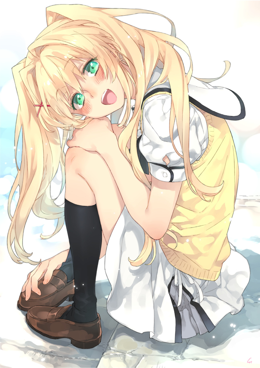 1girl :d black_socks blonde_hair blush brown_footwear colored_eyelashes commentary eyes_visible_through_hair full_body green_eyes hair_between_eyes hair_intakes hair_ornament hair_spread_out highres hugging_own_legs kneehighs knees_up leaning_forward legs_together loafers long_hair looking_at_viewer miniskirt non-web_source open_mouth puffy_short_sleeves puffy_sleeves ribbon sailor_collar shirt shoes short_sleeves simple_background sitting sitting_on_stairs skirt smile socks solo stairs summer_pockets sweater_vest teeth toujou_sakana tsumugi_wenders twintails upper_teeth_only white_background white_ribbon white_sailor_collar white_shirt white_skirt x_hair_ornament yellow_sweater_vest