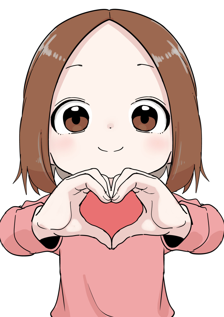 1girl absurdres brown_eyes brown_hair child closed_mouth female_child forehead heart heart_hands highres inaba_mifumi karakai_jouzu_no_(moto)_takagi-san karakai_jouzu_no_takagi-san long_sleeves looking_at_viewer medium_hair nishikata_chii shirt simple_background solo upper_body