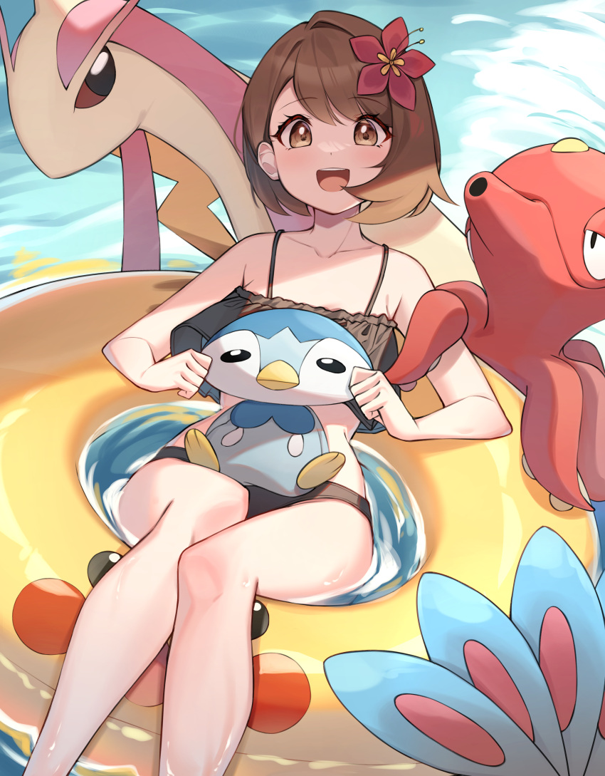 1girl absurdres asymmetrical_hair bikini black_bikini brown_eyes brown_hair cheek_pull flower gloria_(pokemon) hair_flower hair_ornament highres innertube looking_at_viewer milotic octillery piplup pokemon pokemon_(creature) pokemon_(game) pokemon_swsh short_hair smile swimsuit water ziro_(zirorong)