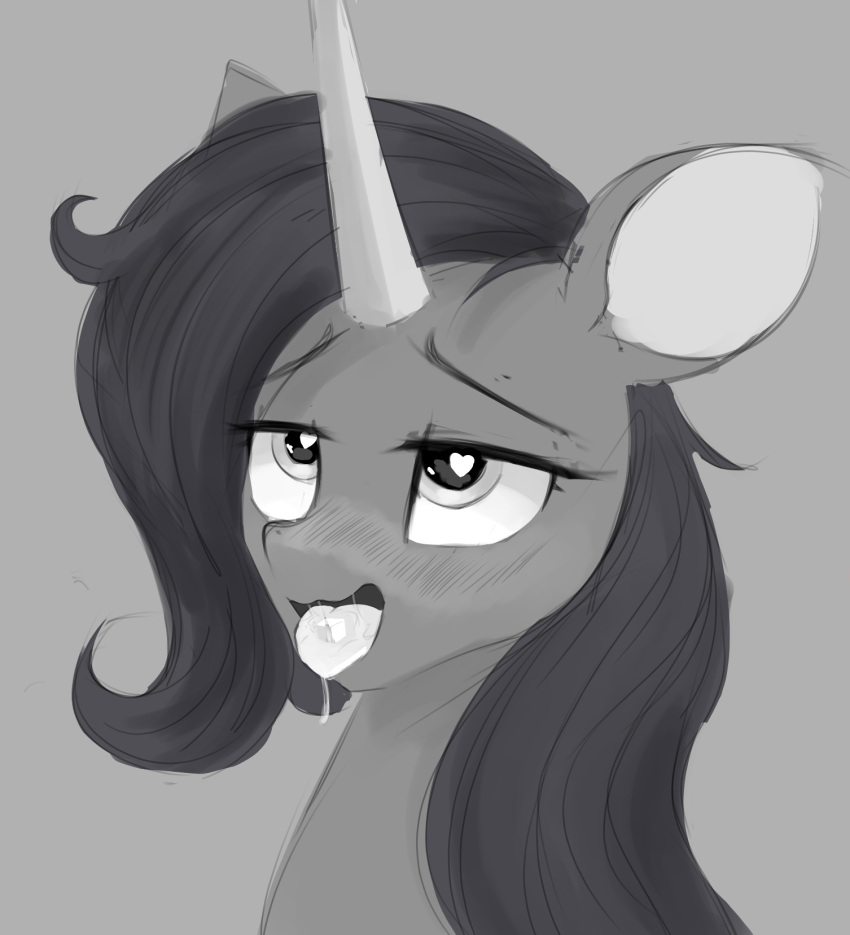 &lt;3 &lt;3_eyes 2020 ahegao bodily_fluids bust_portrait digital_drawing_(artwork) digital_media_(artwork) dripping drooling equid equine eyebrows eyelashes female feral greyscale hair hi_res horn looking_pleasured mammal monochrome oleander_(tfh) open_mouth portrait saliva saliva_drip saliva_on_tongue salivating solo some_ponu sugar sugar_cube them's_fightin'_herds tongue tongue_out unicorn
