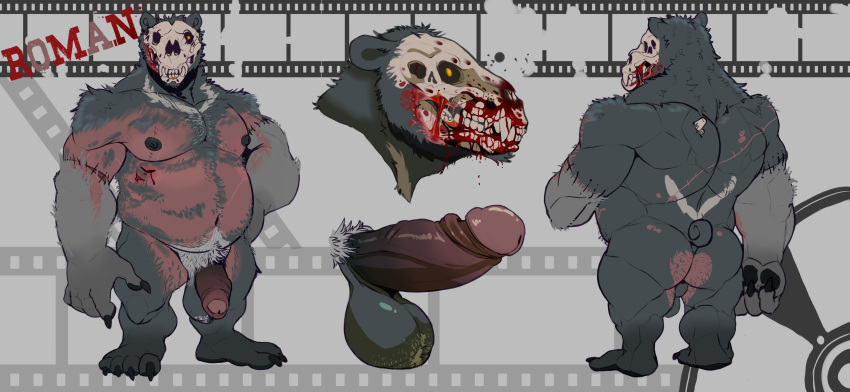 2023 absurd_res balls blood bodily_fluids bone claws digital_drawing_(artwork) digital_media_(artwork) erection finger_claws flaccid fur genitals glans hi_res humanoid_genitalia humanoid_penis jawsandcorp male model_sheet musclegut nipples penis pubes skull skull_head standing