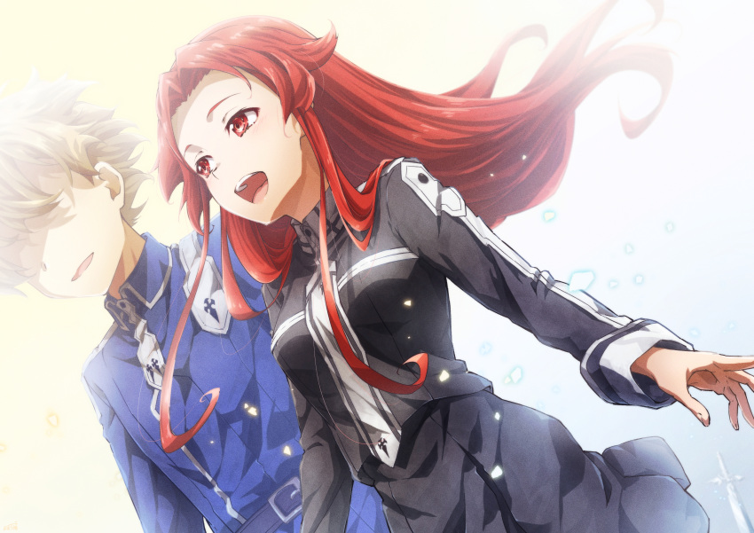 1boy 1girl :d absurdres backlighting belt belt_buckle black_belt black_shirt black_skirt blonde_hair blue_shirt buckle collared_shirt eugeo floating_hair hair_intakes hair_over_eyes highres long_hair long_sleeves medium_skirt oboro_neko open_mouth red_eyes red_hair school_uniform shirt short_hair skirt smile straight_hair sword_art_online sword_mastery_academy_school_uniform tiese_schtrinen very_long_hair wing_collar