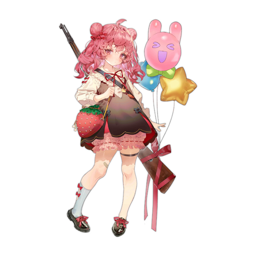 &gt;_&lt; 1girl :d aged_down animal_balloon bag balloon bandaid bandaid_on_knee bandaid_on_leg black_bow black_footwear bloomers blush bow bow_legwear brown_dress closed_mouth double_bun dress dress_bow food-themed_bag footwear_ribbon full_body girls'_frontline gun gun_on_back hair_bow hair_bun heart_balloon highres holding holding_bag long_hair long_sleeves looking_at_viewer neck_ribbon official_alternate_costume official_art pink_eyes pink_hair pink_ribbon red_bow red_ribbon ribbon shiny_footwear shirt shoes simple_background single_sock smile socks solo standing star_balloon strawberry_bag thigh_strap transparent_background underwear weapon weapon_on_back white_bloomers white_shirt white_socks wz.29 wz.29_(envoy_of_sweet_dreams)_(girls'_frontline) wz.29_(girls'_frontline) xd zuizi