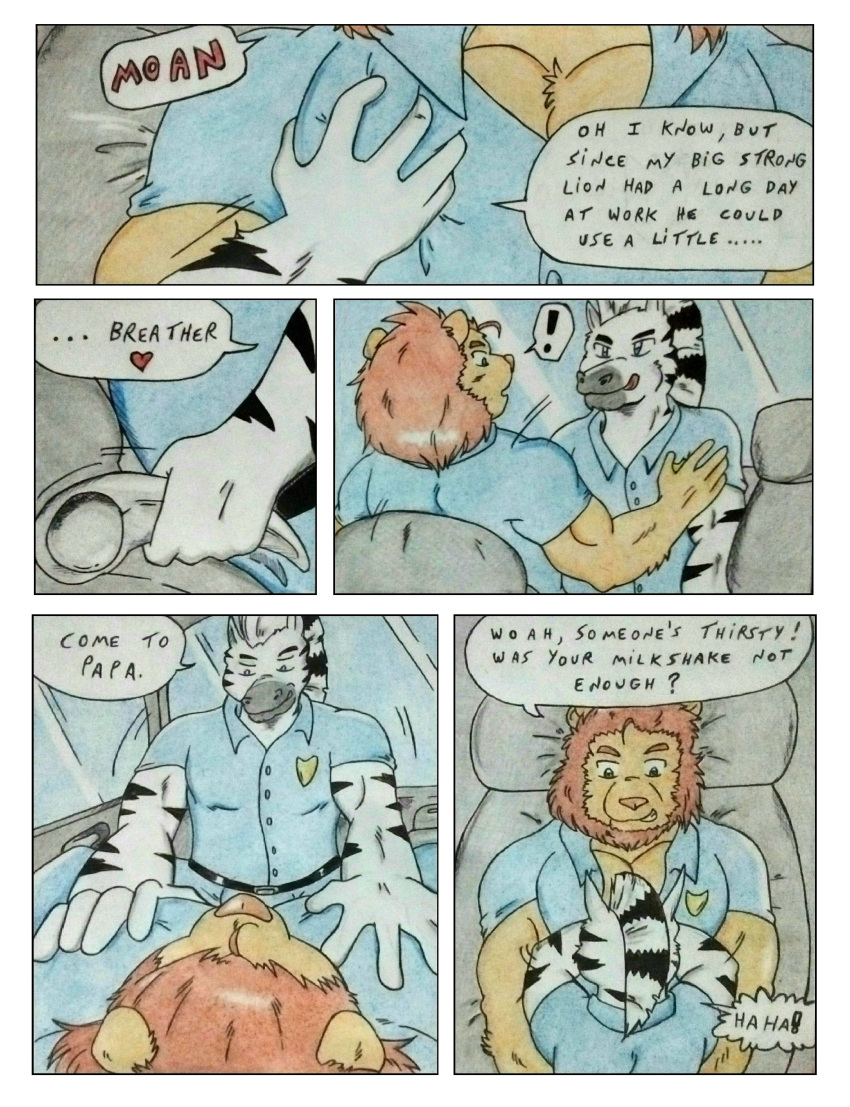 absurd_res anthro car clothing comic comic_panel dashthefox dialogue duo equid equine felid fur hi_res inside_car licking licking_lips lion male male/male mammal manly muscular muscular_anthro muscular_male opening_shirt pantherine pec_grab pecs pecs_touching pectoral_bulge pink_nose police police_badge police_car police_uniform speech_bubble striped_body striped_fur stripes tongue tongue_out traditional_media_(artwork) uniform vehicle zebra