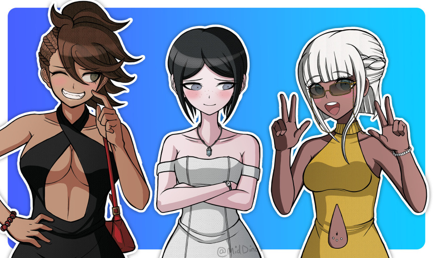 3girls ;d a_beautiful_man_(middinos) alternate_costume alternate_hairstyle asymmetrical_hair bare_shoulders bead_bracelet beads black_dress blue_background bracelet braid breasts brown_bag brown_eyes brown_hair clothing_cutout crossed_arms danganronpa:_trigger_happy_havoc danganronpa_(series) danganronpa_2:_goodbye_despair danganronpa_v3:_killing_harmony dark-skinned_female dark_skin double_v dress fangs freckles green_background grey_dress grey_eyes grin hands_up highres ikusaba_mukuro jewelry large_breasts medium_breasts multiple_girls navel navel_cutout navel_piercing necklace one_eye_closed owari_akane piercing short_hair sidecut smile sunglasses swept_bangs teeth undercut upper_body v watch wristwatch yonaga_angie